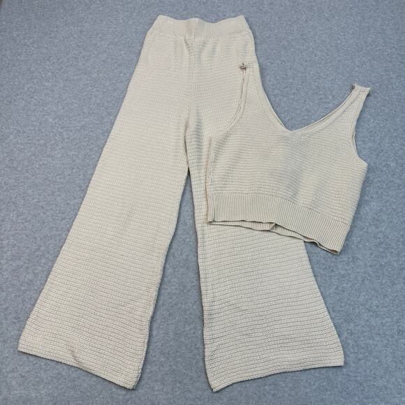 Sincerely Jules Crochet Knit Crop Top & Pants Set XS Oatmeal Stretch Loungewear - Picture 2 of 13